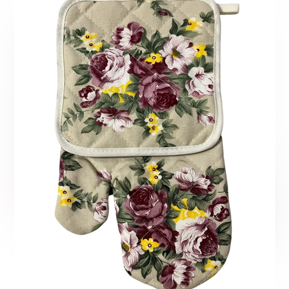 NWT 🥀 ROSE FLORAL POT HOLDER OVEN MIT SET - Picture 2 of 3
